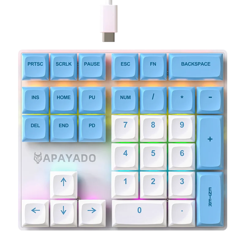 APAYADO K33 Mini klawiatura numeryczna 33 klawisze, niebieski wał mechaniczny, nasadki klawiszy RGB, PBT do skarbów / rachunkowości / finansów