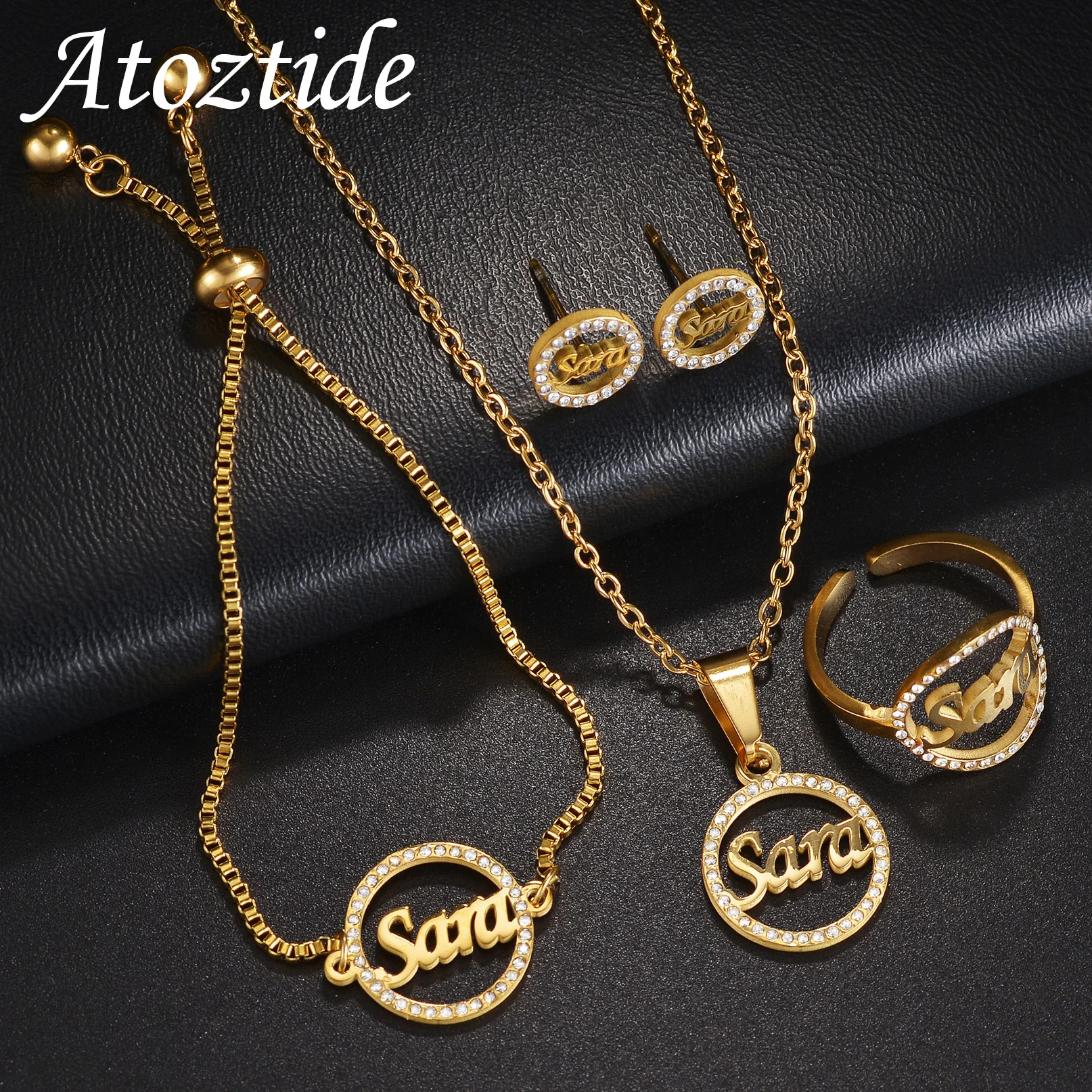 Atoztide Personalized Custom Name Jewelry Set Zircon Round Necklace Bracelet Ring Stainless Steel Chain for Women Party Gift