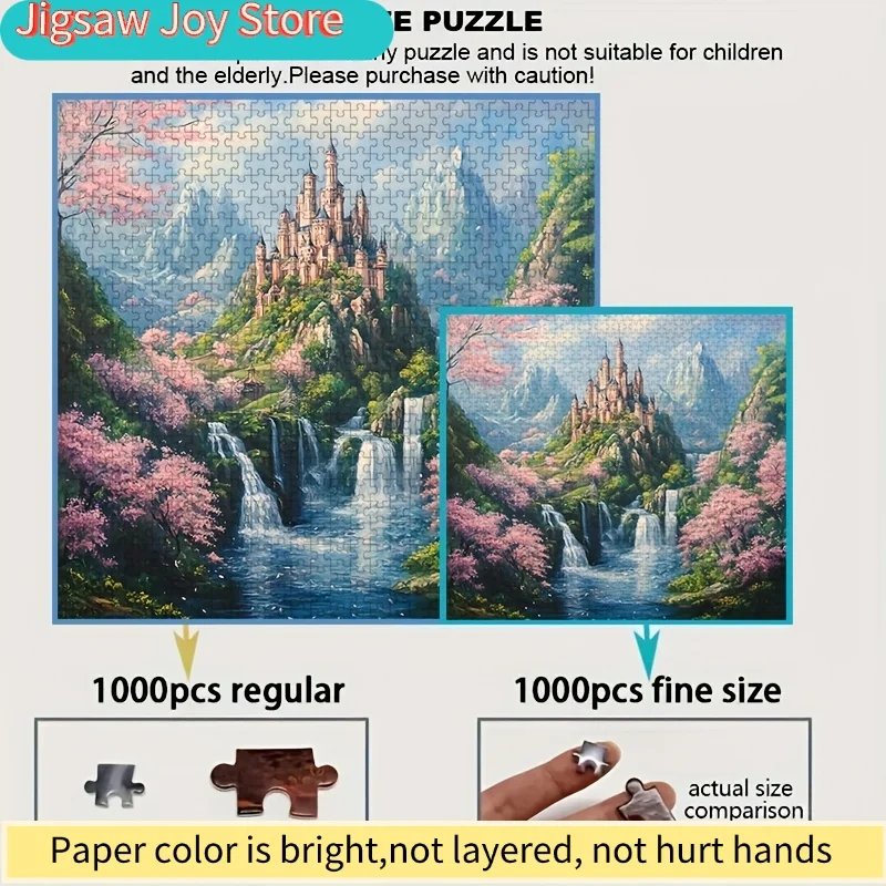 大人に適したミニパズル - 城の滝と桜の木の山、ミニチュアデザイン、傷つきにくい