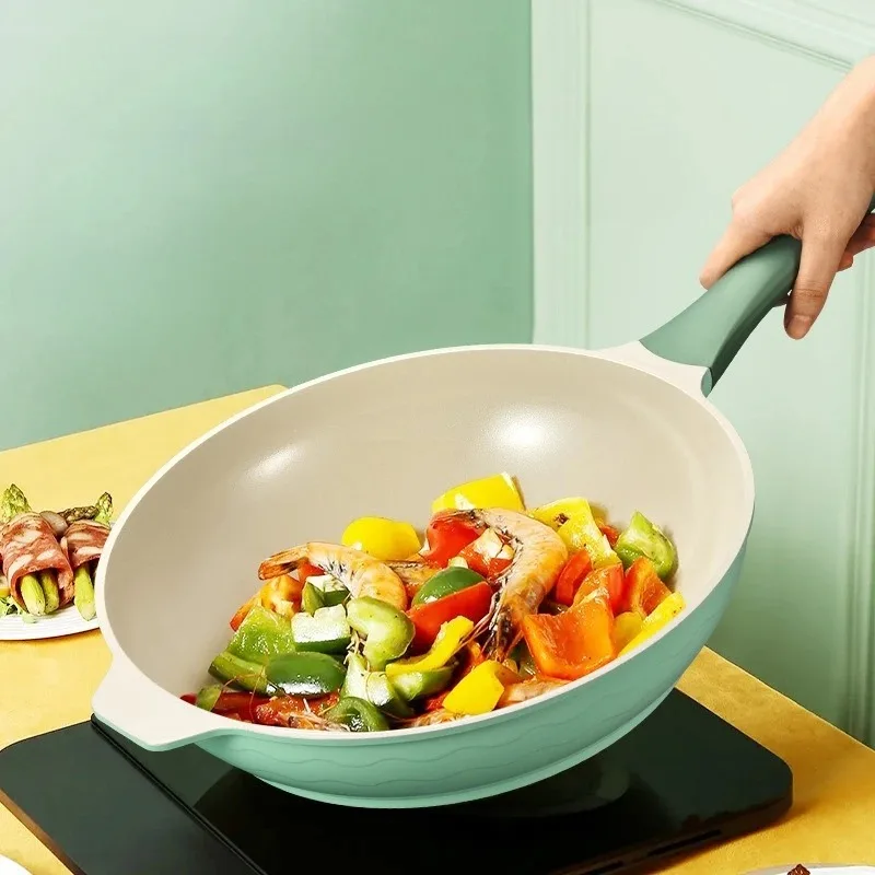 Light Luxury Household Non Stick Frying Pan Kitchen Wok Induction Cooker Universal Cookware Flat Bottomed Non Stick Pan Cookware