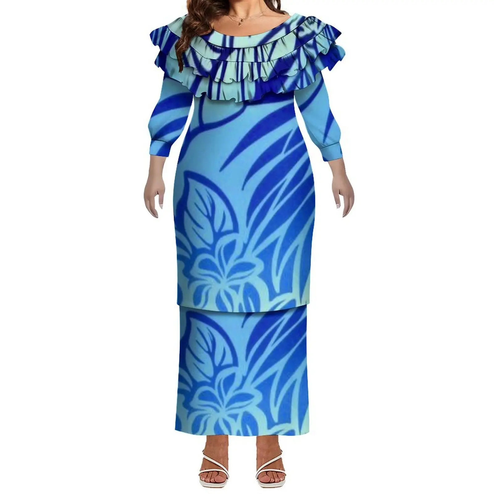

Summer Women'S Dress Custom-Made Polynesian Puletasi Dress With Hibiscus Pattern And Lotus Leaf Lace Slim And Long Elegant Style