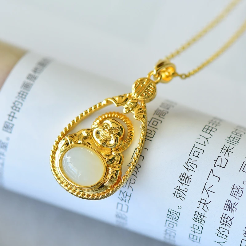 Ancient inlaid Xinjiang Hetian jade Buddha high-end pendant retro light luxury Buddha public necklace jewelry