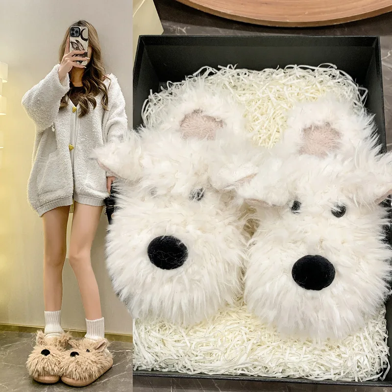 Autumn Winter New Cute Dog Cotton Slippers For Women Indoor Household Non Slip Warm Plush Soft Bottom Fury Home Slippers Shoes