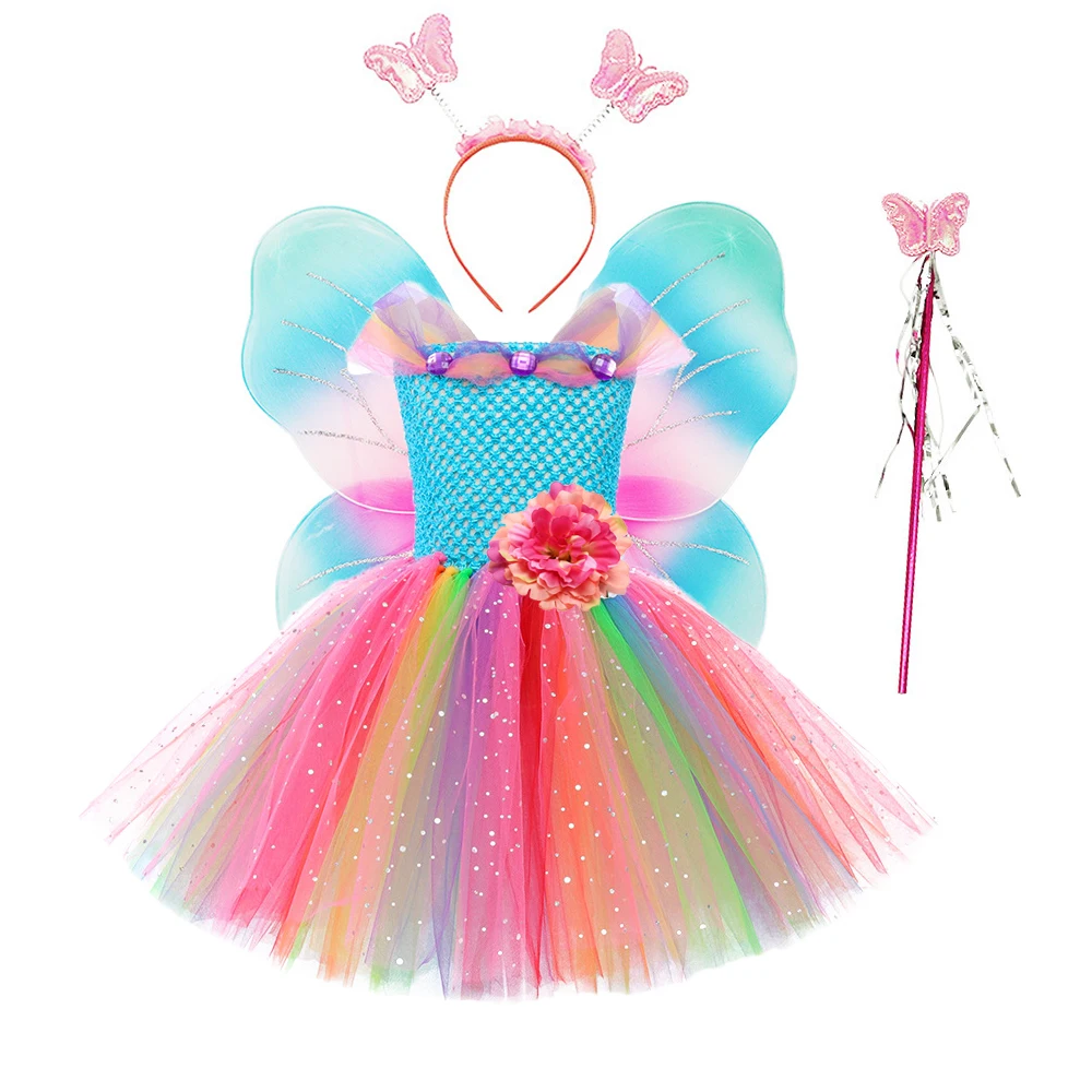 Sparkly colour Fairy Tutu Dress for Girls Halloween Costume Glittery Butterfly Princess Dresses with Wings Kids Birthday Outfit