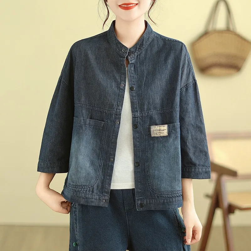 Women Casual Denim Jackets New Arrival 2024 Spring Korean Style Vintage Stand Collar Basics Loose Female Jeans Coats B3624