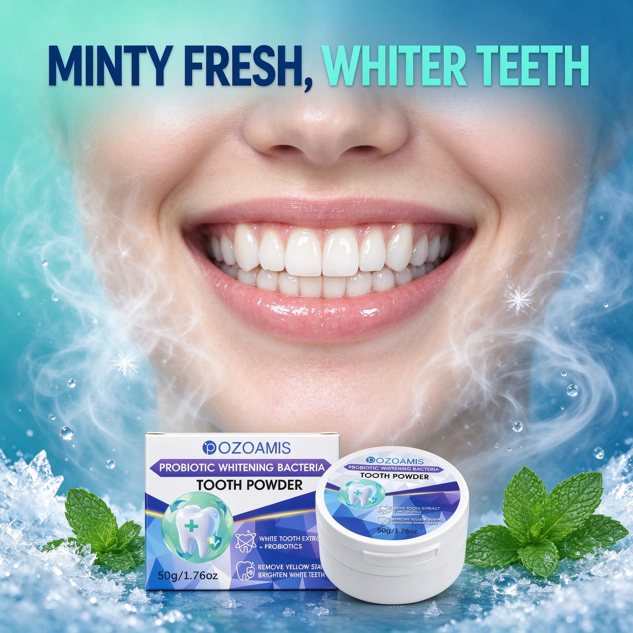 Daily Probiotic Teeth Whitening Powder, Morning Brightening Ritual, Lifts Coffee Tea Tobacco Stains, Cool Mint, Enamel-Safe, 50g