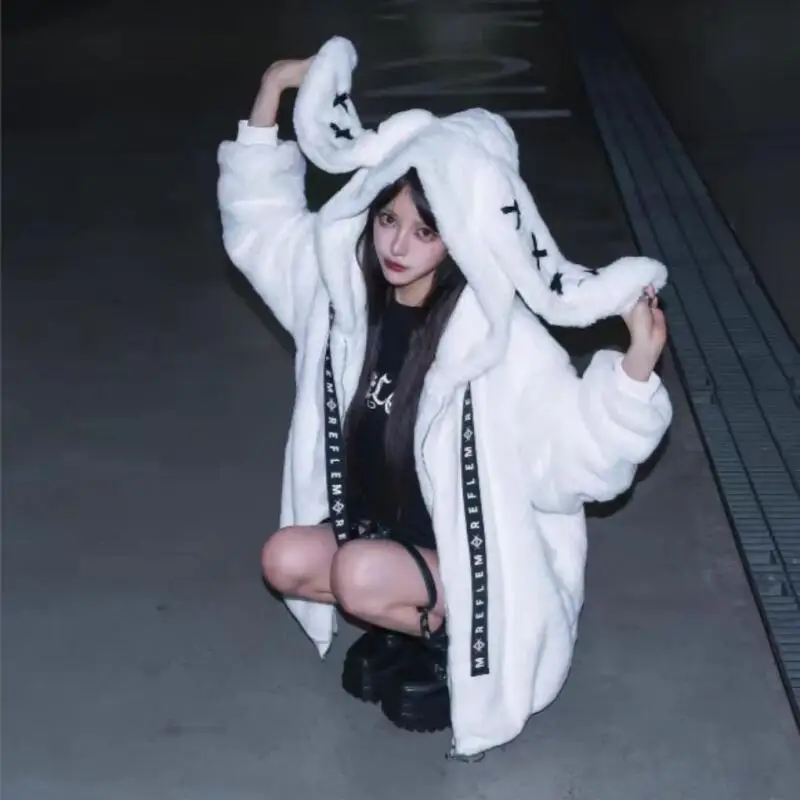 Y2K Coat Autumn Oversiz Sweet Cute Soft Purple Black Faux Fur Coat Women with Bunny Ears Kawaii Loose Fluffy Jacket Hoodie Gift