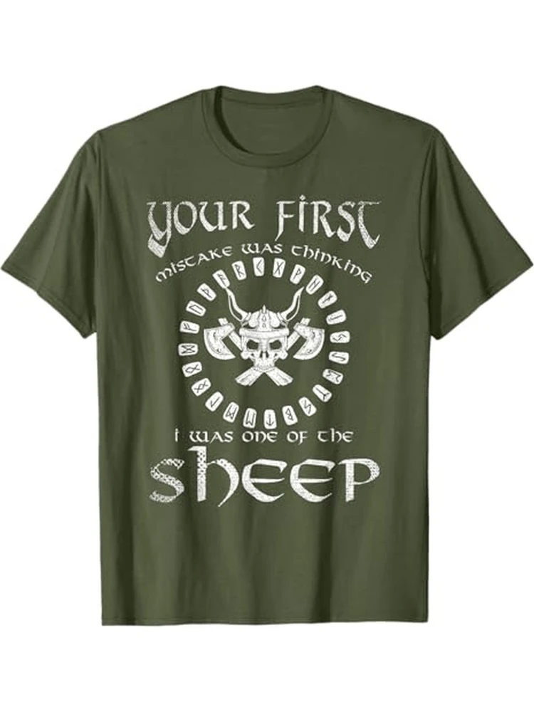 First Mistake Was Thinking I Was One Of The Sheep design-100% cotton summer casual O-neck short sleeve printed men's T-shirt.
