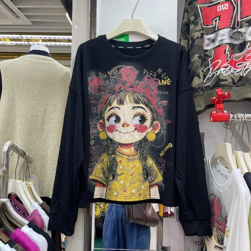 甘いかわいい新しいラインストーンガールレタークルーネックスウェットシャツジャケット女性のルーズ多用途デザインプルオーバートップ Sudaderas デ Mujer