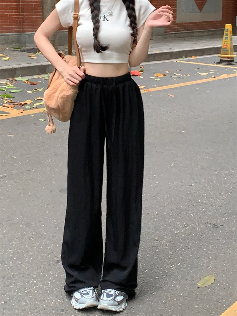 2024 Summer New Vertical Loose Casual Wide Leg Pants High Waist Draw Rope Straight Pants Women