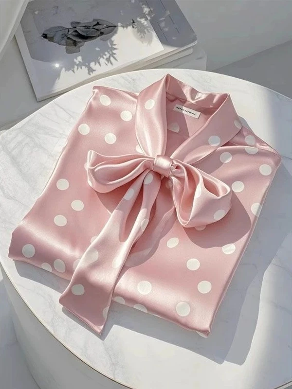 

Ele Unique White Polka Dot Belted Silk irt Jaet Women's Faion Spring 2025 High-End Commute Loose Fit Long Sve
