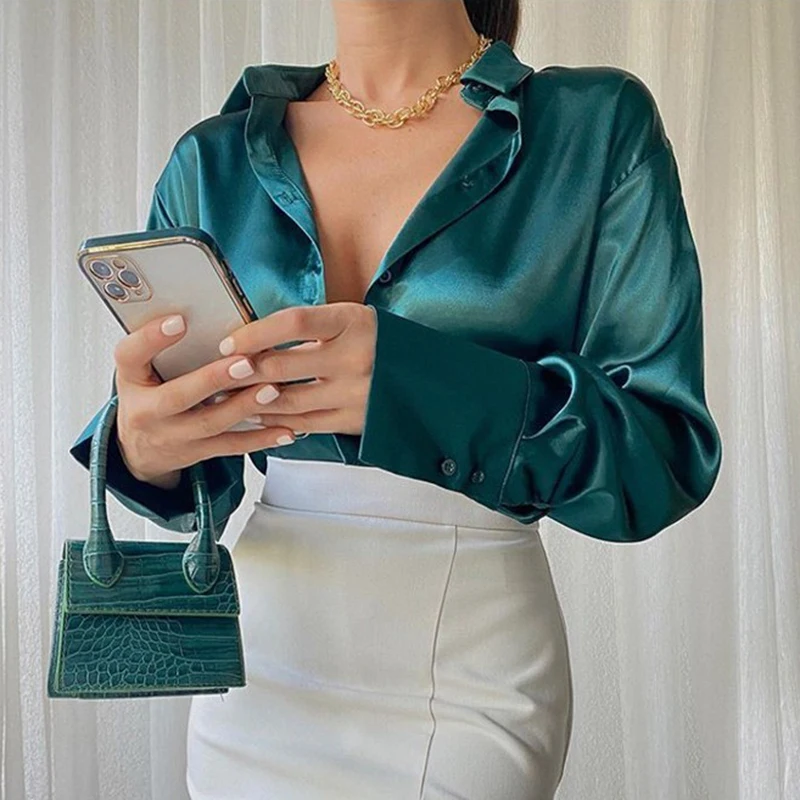 Fashion Elegant Satin Blouse Long Sleeve Solid Color Silk Shirt Casual Blue Tops Vintage Office Women Clothes Blusas Mujer 22717