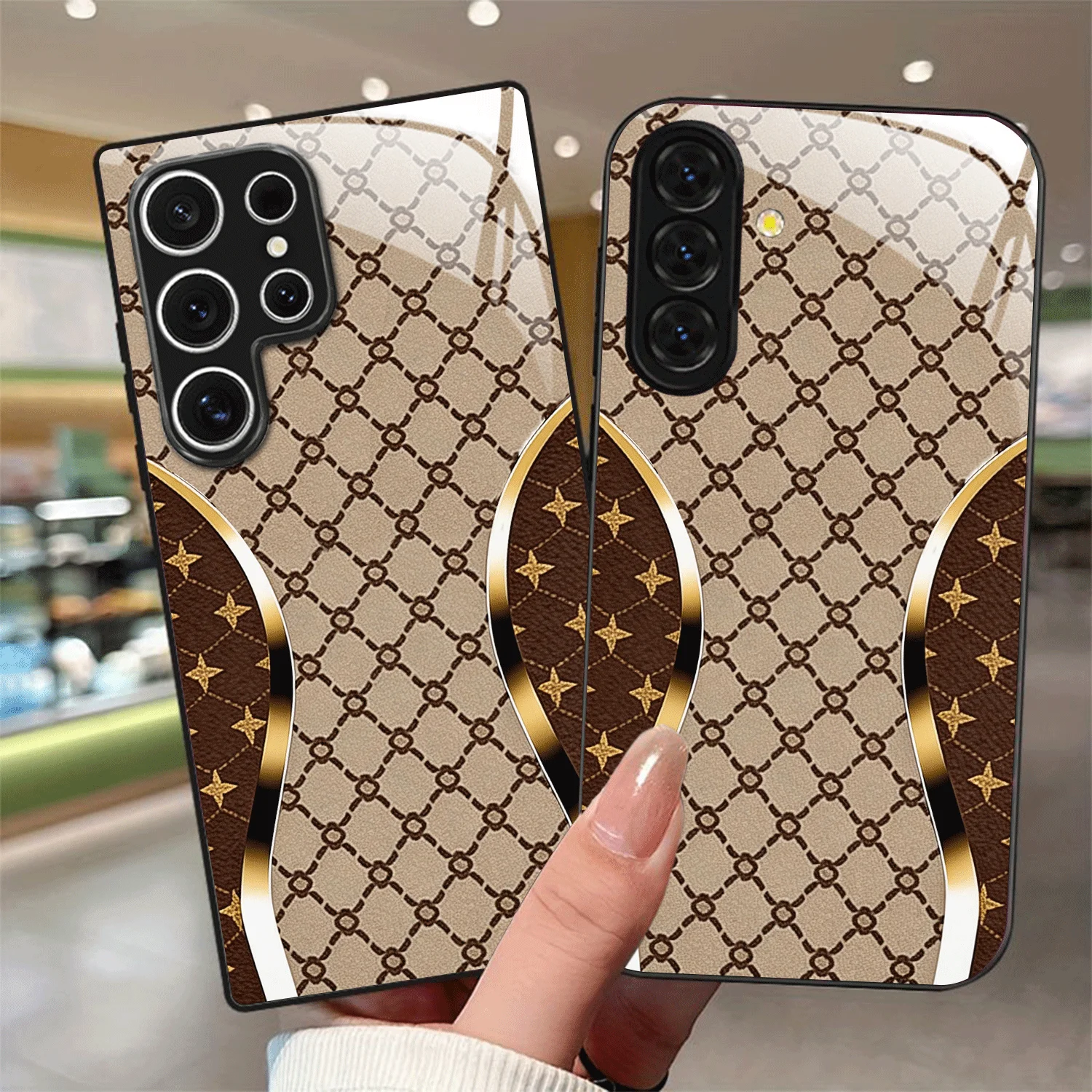 Brown Lattice Star Print Glass phone case mobile phones fashion phone cases for Samsung Galaxy S26 S25 S24 S23 S22 FE,Ultra,Plus