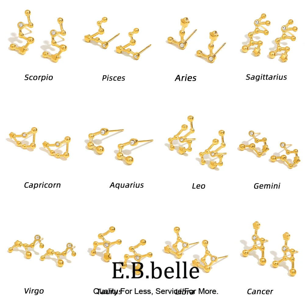 E.B.belle New Mini Twelve Constellation Series Stud Earrings 18K Gold Plated Stainless Steel Women Girls Fashion Jewelry