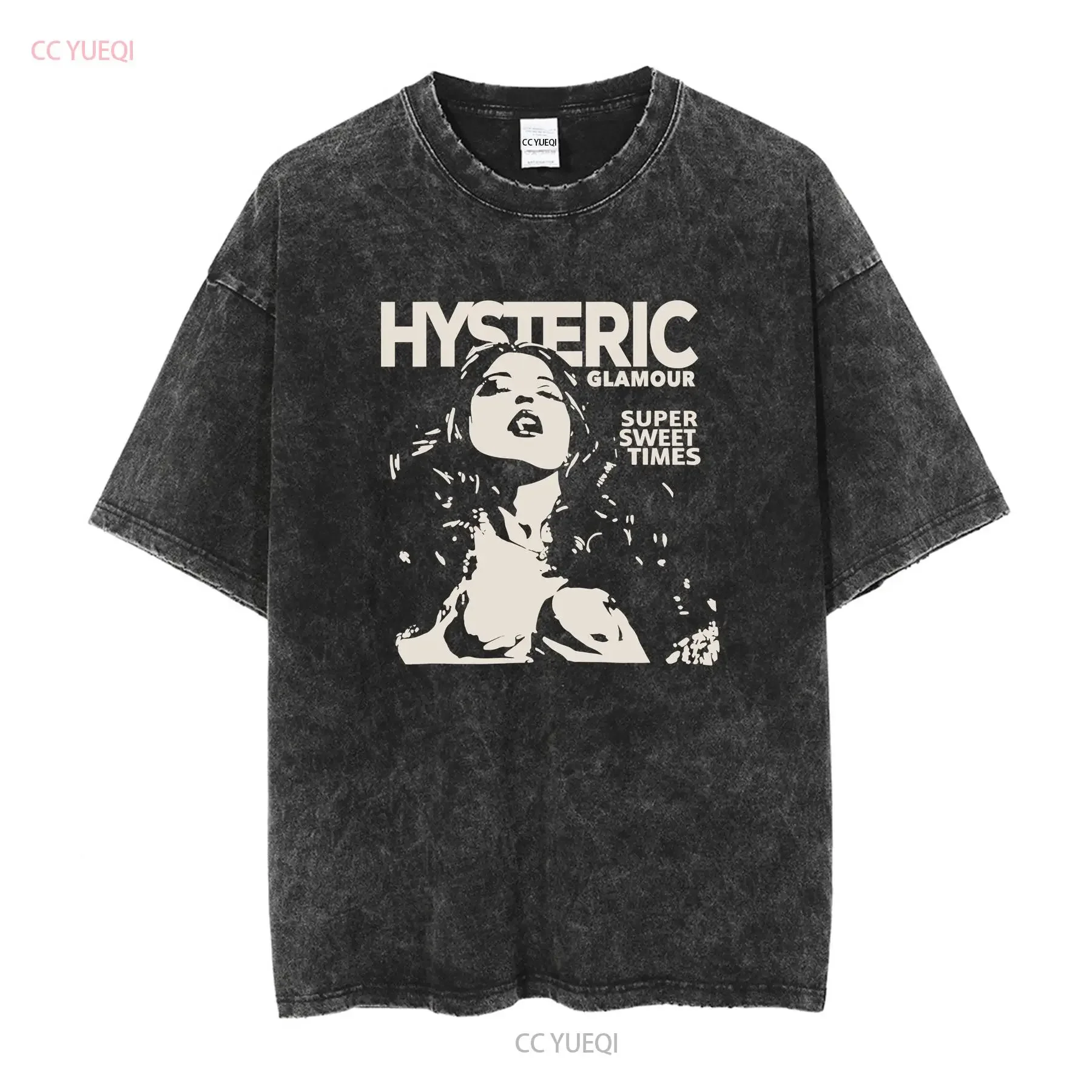 تي شيرت Hysteric Glamour سوبر سويت تايمز قطن أسود NH2720 عتيق مغسول موضة مريحة كاجوال متعددة الاستخدامات قليلاً
