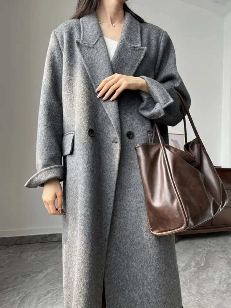 Office Lady Woolen Jackets 2024 Autumn And Winter Suit Collar Double Breasted loose Long Women\'s 100% Wool Coats