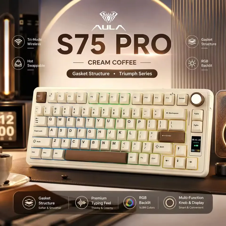 AULA S75 Pro Gaming Mechanical Keyboard 75% Hot Swappable RGB Backlit 4000mAh PBT Keycaps Wireless Keyboard with LED Screen Knob