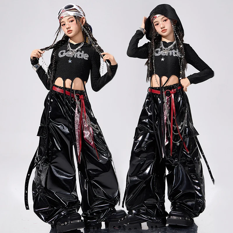 

Джазовые костюмы для девочек Kpop, одежда для танцевальных шоу, модель, наряд для подиумов, черный укороченный топ, толстовка с капюшоном, одежда для уличных танцев AMY3066