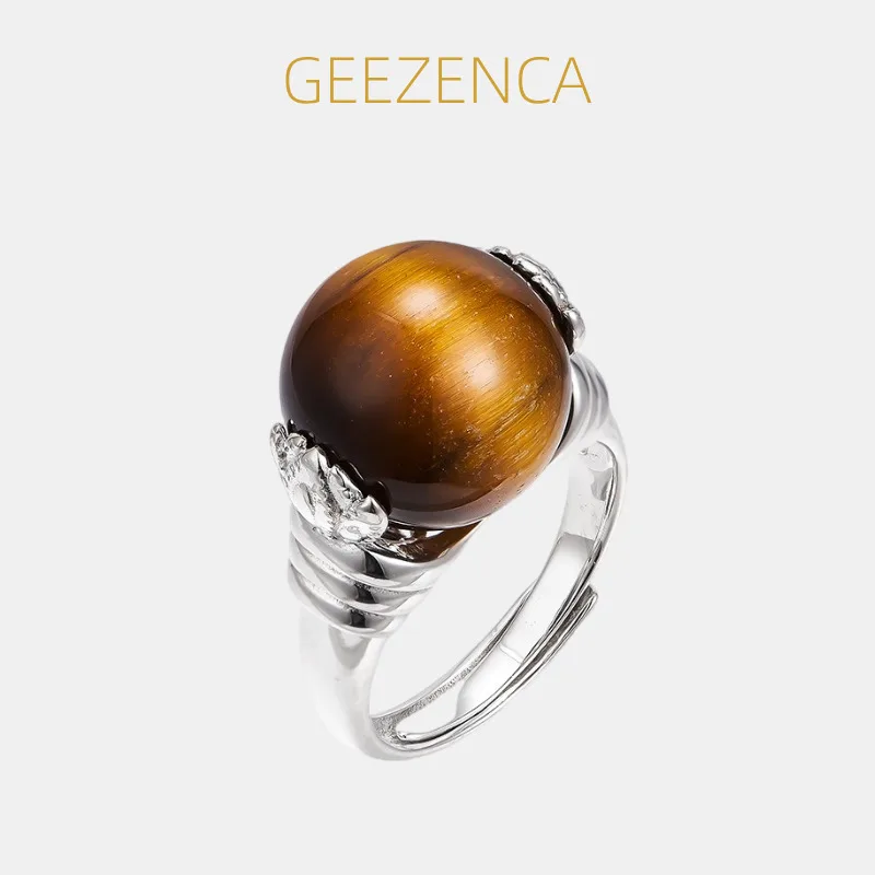 

GEEZENCA, стерлинговое серебро 925, пасьянс, тигровый глаз, камень, бисер, открытое кольцо для женщин, уникальные широкие массивные регулируемые кольца, подарок на вечеринку