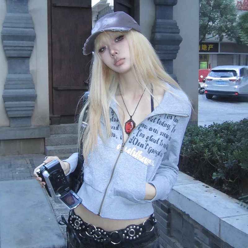 Karrcat Grunge Aesthetics Letter Print Jacket Trashy 2000s Style Zipper Outerwears Japanese Y2k Grey Short Coat American Retro