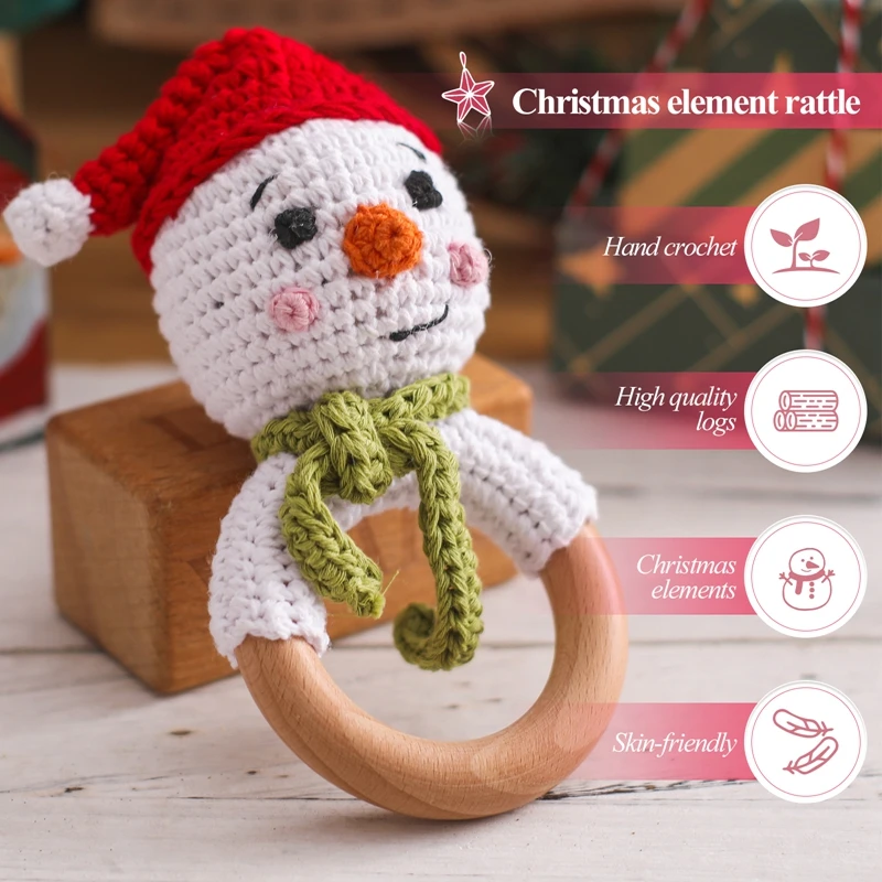 1PC Baby Snowman Ratter Toys Wooden Teether Crochet Elk Deer  BPA Free Rattle Toy Newborn Amigurumi Teether Baby Christmas Gifts