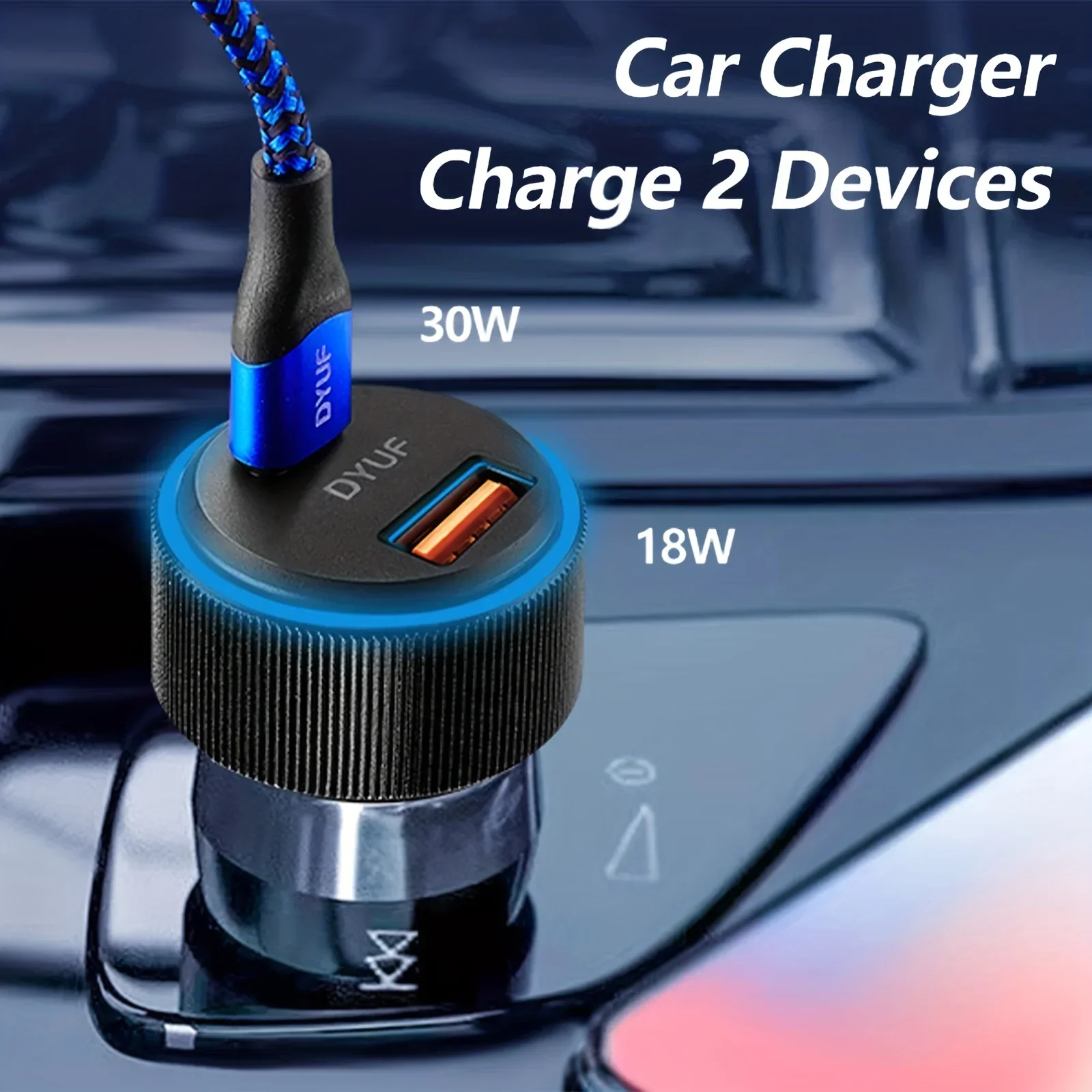 DYUF car charger 48W, fast car charger adapter, dual USB ports PD30W and QC3.0 18W car phone charger