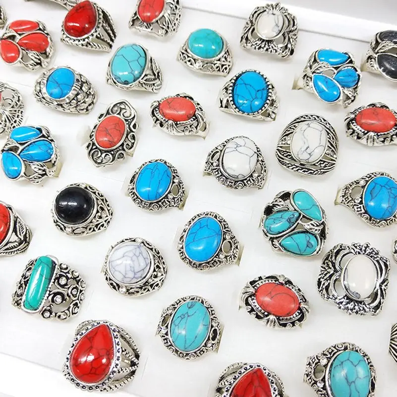 10pcs Colorful Natural Stone Rings Jewelry For Women Men Vintage Antique Silver Plated Rings Wholesale Jewelry Anillos