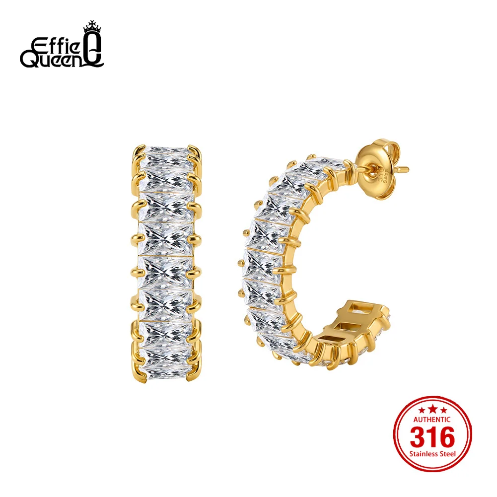 Effie Queen Stainless Steel Trend Unique Design Elegant Zircon Irregular C Shape Hoop Earrings Jewelry Gift Wholesale HTKE03