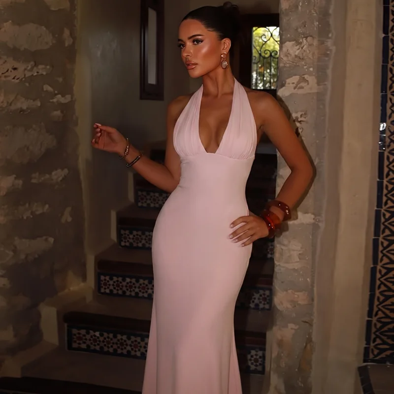 Hugcitar Damen Elegantes Neckholder-Kleid mit V-Ausschnitt, Sexy Maxikleid mit Knöpfen und Schnürung, Sommerkleid, Damenmode-Outfit für Geburtstagsfeier und Festival – Detail 20