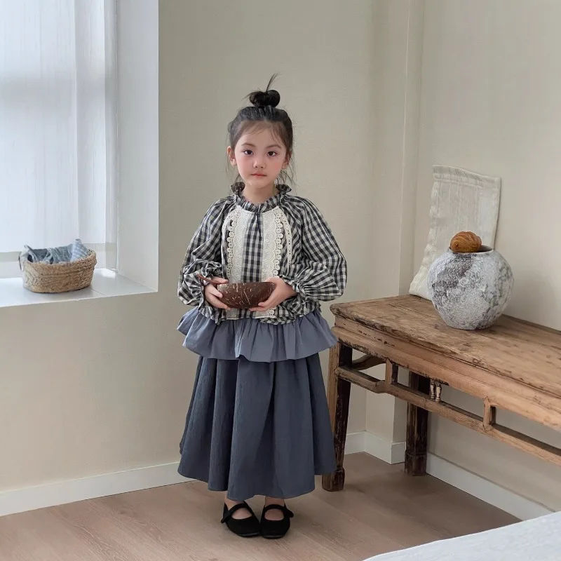 

Children's Shirt 2025 Autumn New Style Girls' Korean Niche Design Plaid Lace Top Children's Doll Shirt