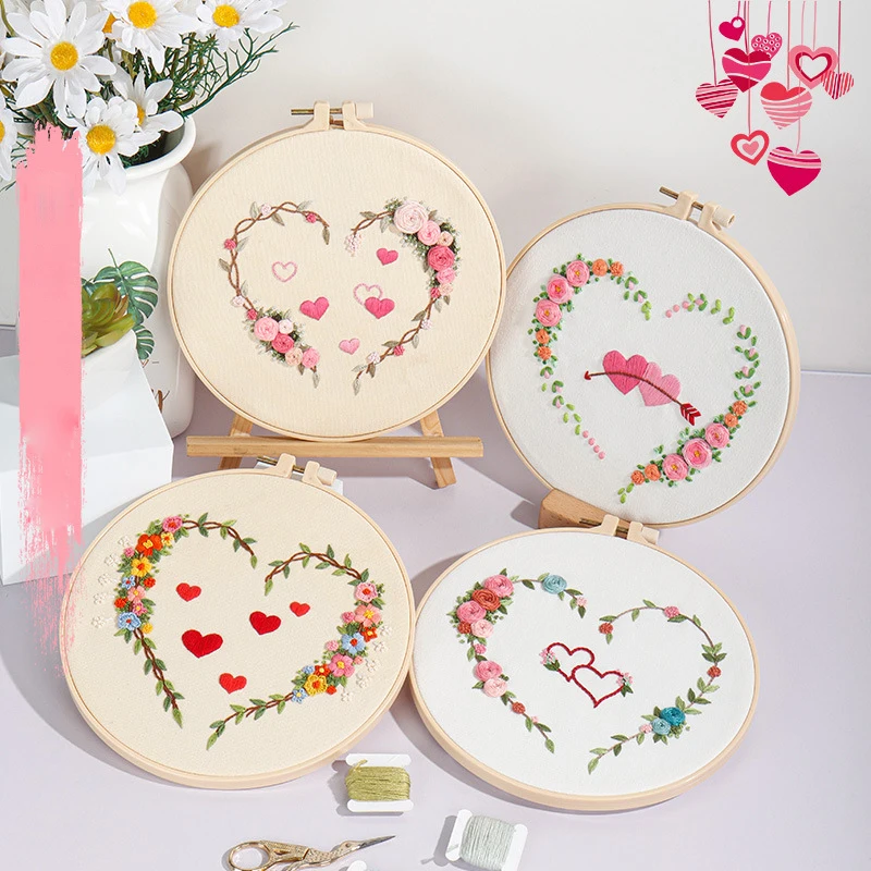 Embroidery Kit Heart Pattern Embroidery Starter Kits for Adults Beginners Valentine's Day Decor Include Fabric Threads Needles