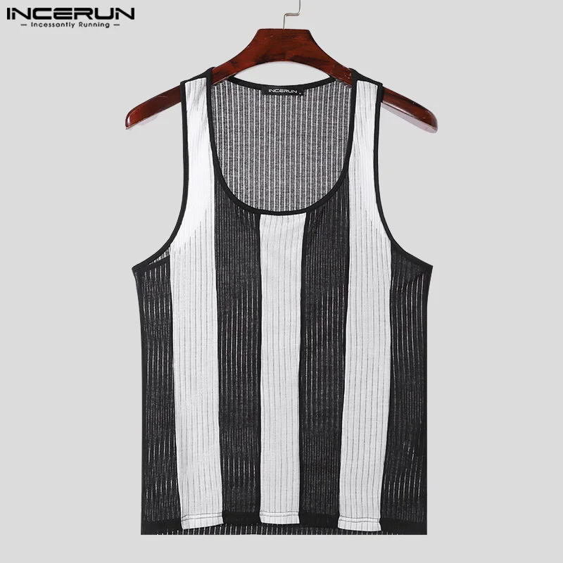 INCERUN Men Tank Tops Striped U-neck Collar Sleeveless Fitness Summer Male Vests Streetwear 2024 Fashion Casual Men Clothing