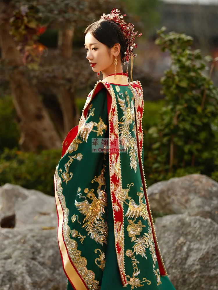 Ancient China Ming Dynasty Hanfu Couple Vintage Green Red Costume Toast Clothing Dragon and Phoenix Embroidery Wedding Dress