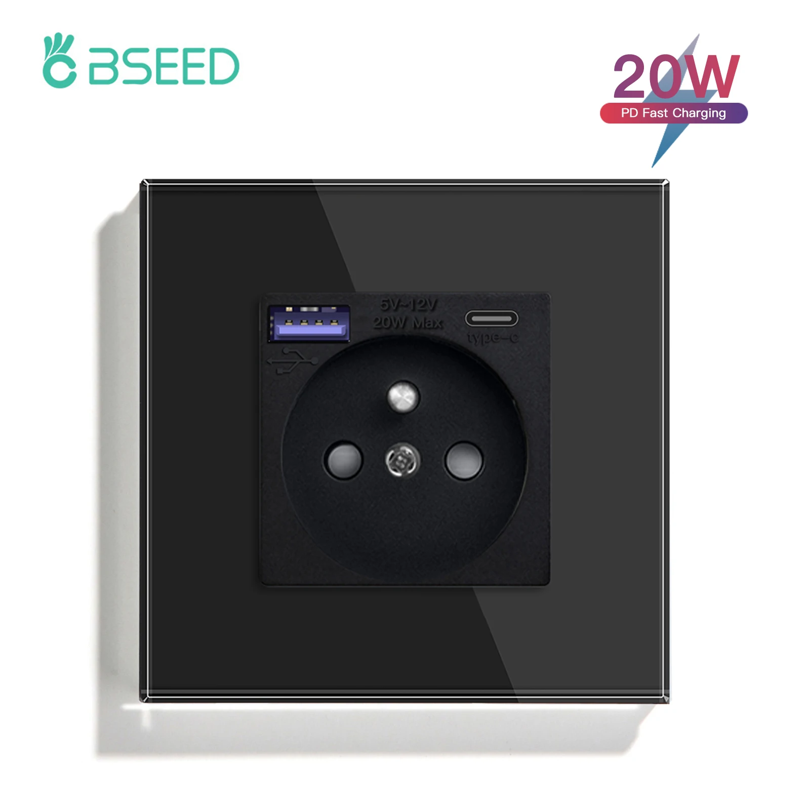 Bseed France Standaard Stopcontact Usb Type-C Oplaadpoort Glaspaneel 20W Snel Opladen Franse Socket 110-250V - afbeelding 1