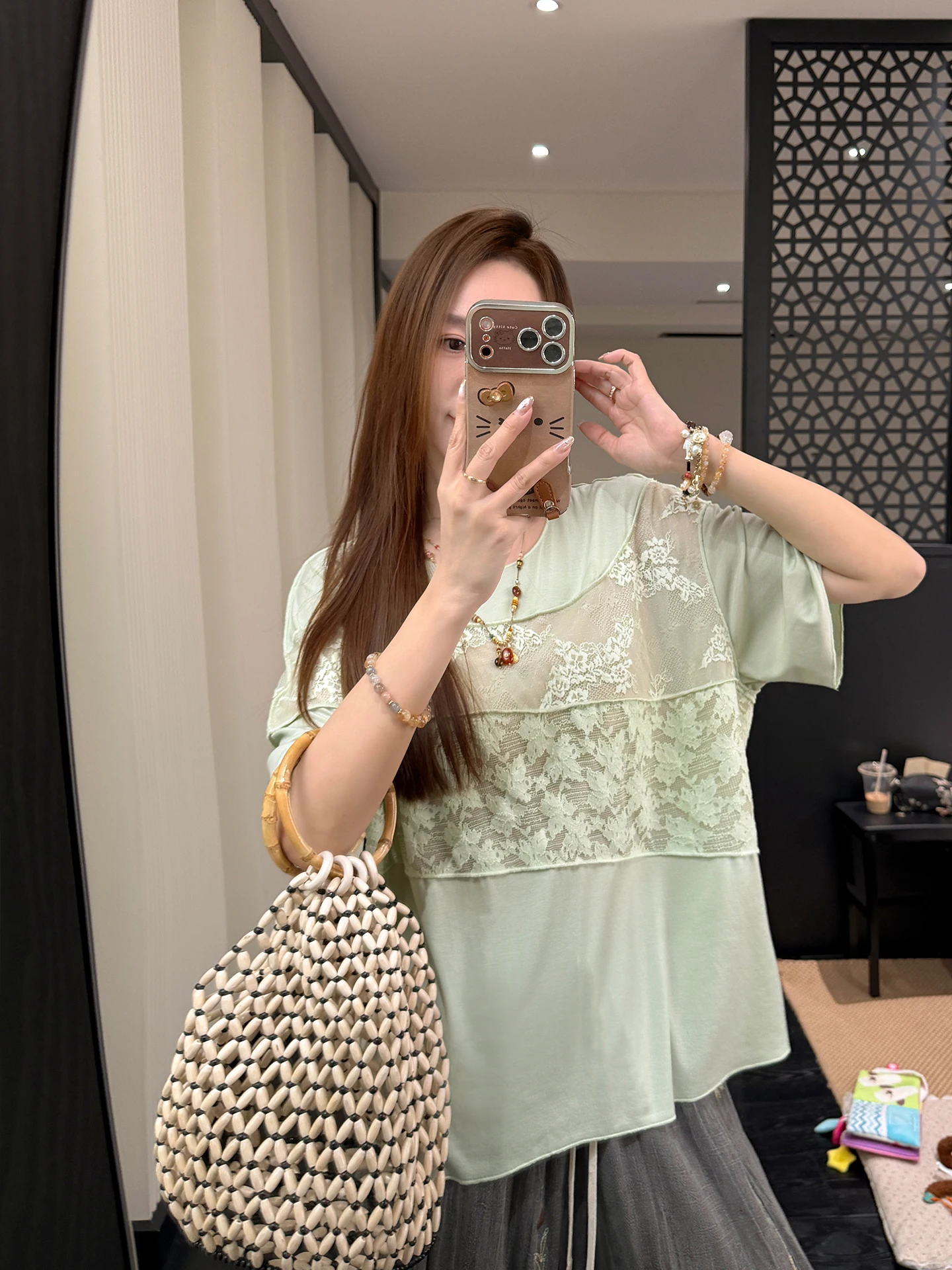 

Summer Loose Fit T-Shirt Zhang Sheshi Green Lace Patchwork Design Short Sleeve round Neck Basic Color Block Striped Pattern