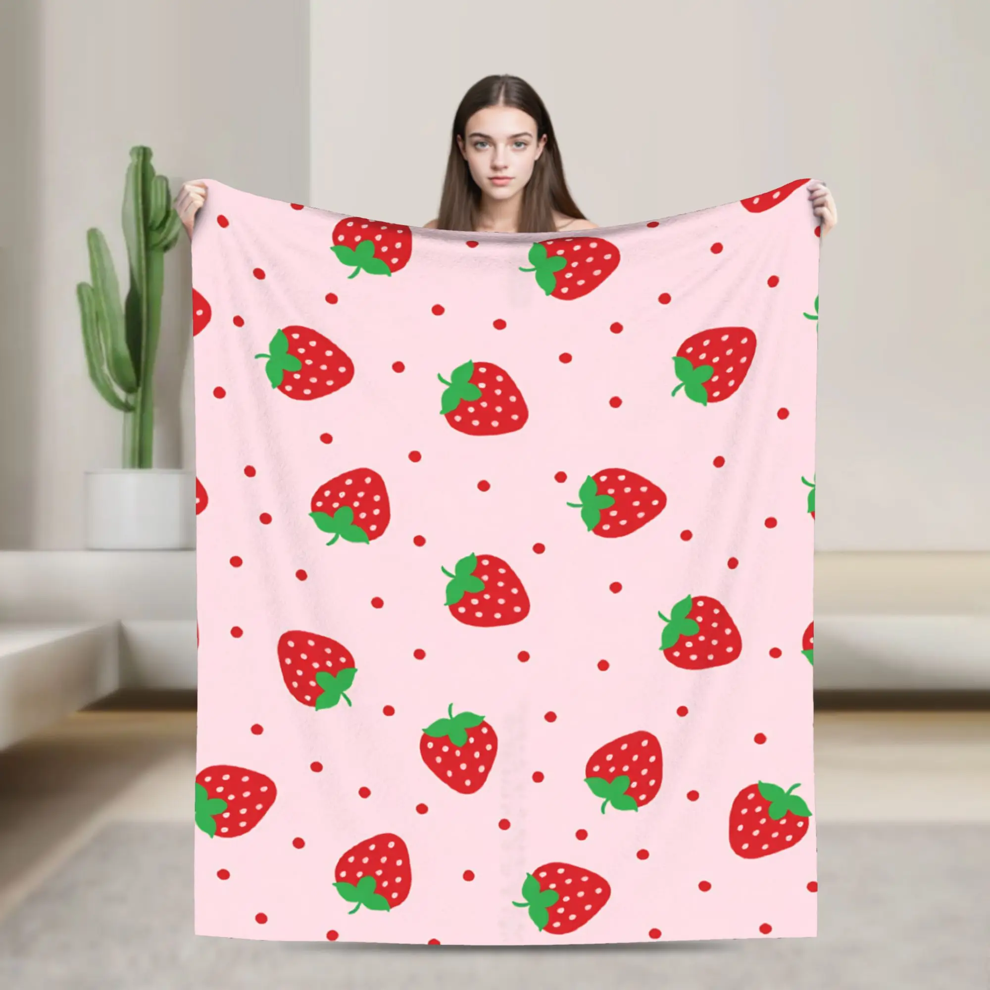 Simple Strawberry Polka Dot Seamless Pattern Blanket Soft Cozy  Bedding Throws Winter Adults Bedroom Picnic Bedspread
