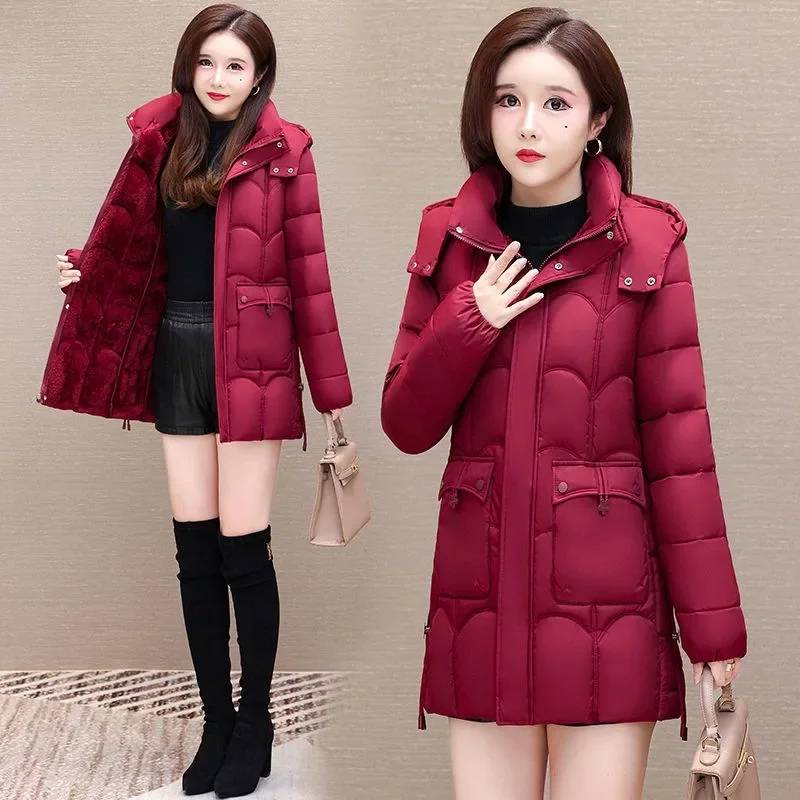 -30 Degree Thick Winter Women\'s Cotton Clothing Hooded Warm Coat Casual Jacket Female Overcoat Medium-long Parkas Mom Outerwear