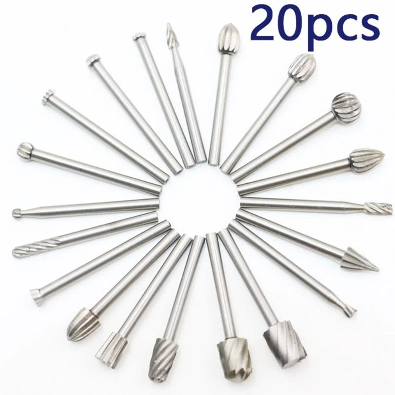 

652F 20PCS 3mm Shank HighSpeed Steel Rotary Burr Set Deburring Polishing Tools Bit for Accessories Rotary Burrs 39mm