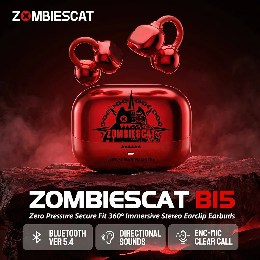 

Наушники-клипсы Zombiescat B15 OWS 360° ° Погружные стереонаушники Bluetooth 5.4 IPX4 Водонепроницаемые спортивные беспроводные наушники TWS