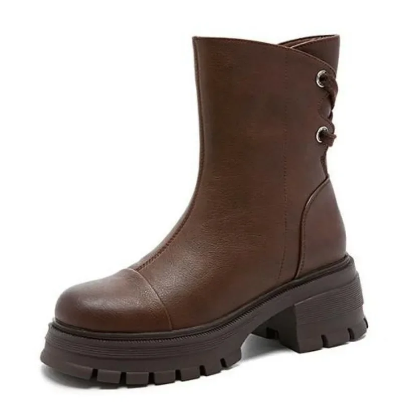 

Женские осенне-зимние сапоги до середины икры 6 см в британском стиле, новый дизайн 2024, женские ботинки в стиле ретро на массивной платформе и высоком каблуке со шнуровкой сзади