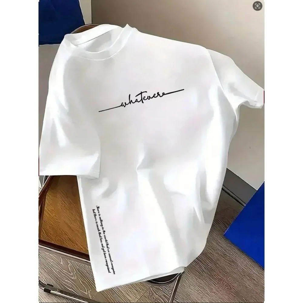 Whatever Cursive Letter Print T Shirt Men Minimalist Side Text Graphic Crew Neck Casual Loose Short Sleeve Basic Tee