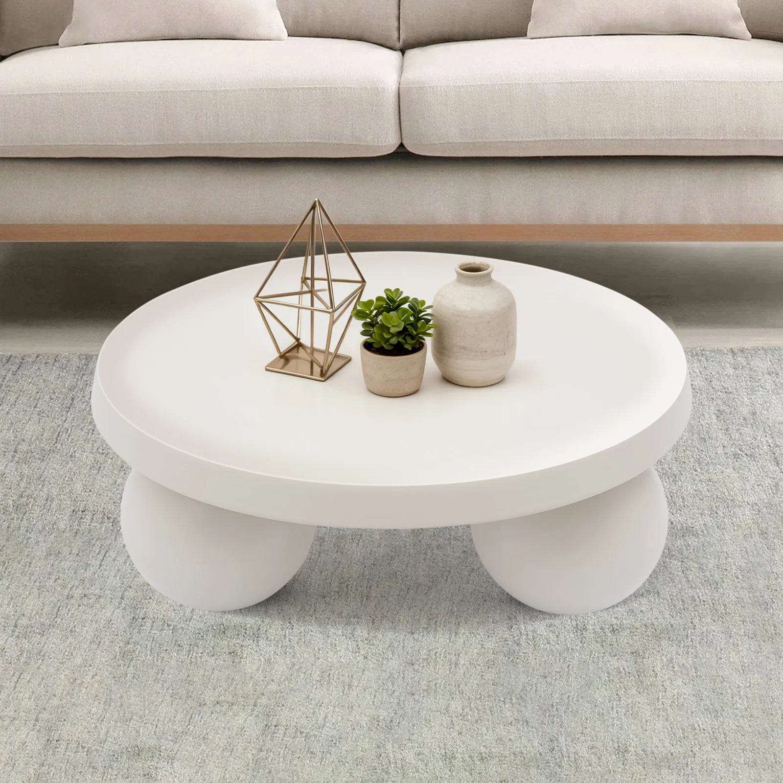 Couchtisch Beistelltisch mit Kugelsockel Beistelltisch für Wohnzimmer Schlafzimmer Cremefarbener Runder Wohnzimmertisch