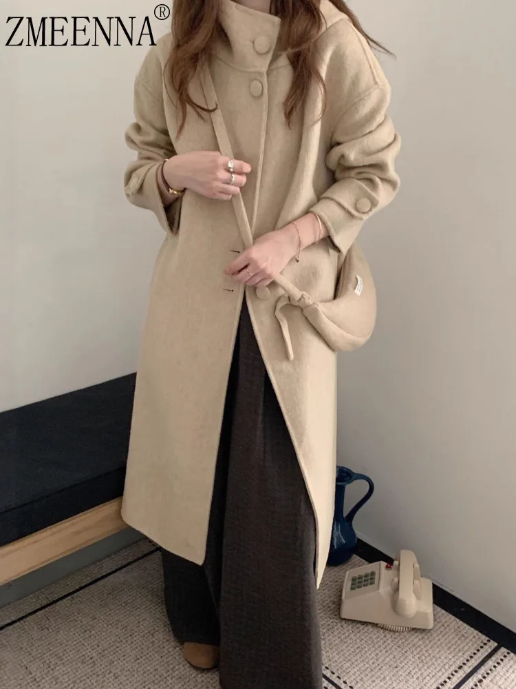 

ZMEENNA Womens Chic Beige Wool Blend Long Hooded Coat With High Collar Asymmetrical Button Closure Outerwear ZM3701