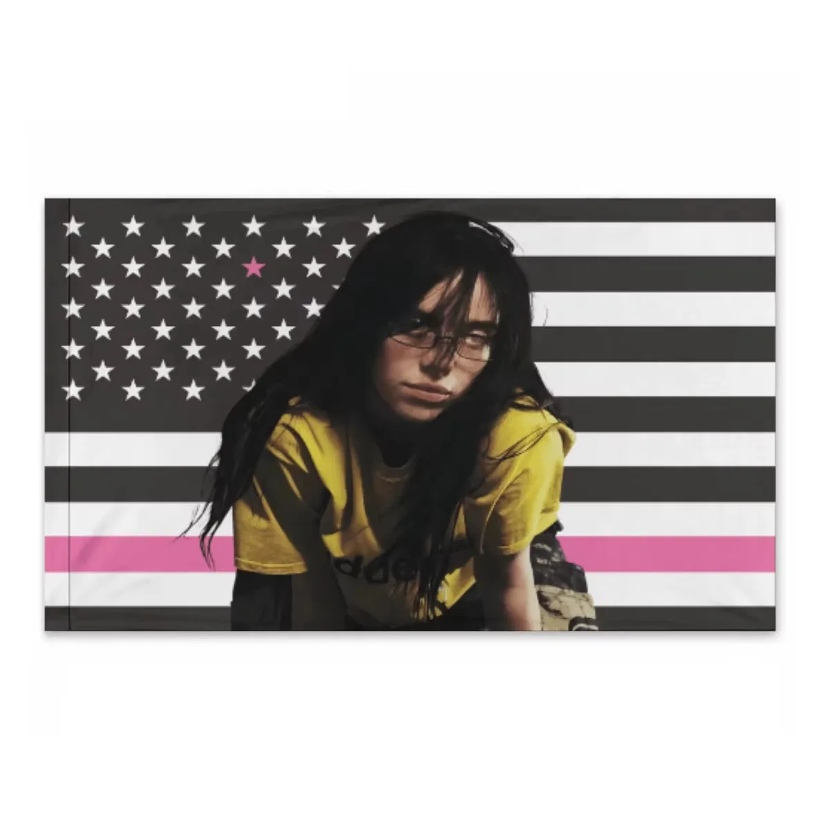 Billie Eilish American Flag Tapestry, Black White Pink Star Print Wall Hanging, Music Fan Room Decor