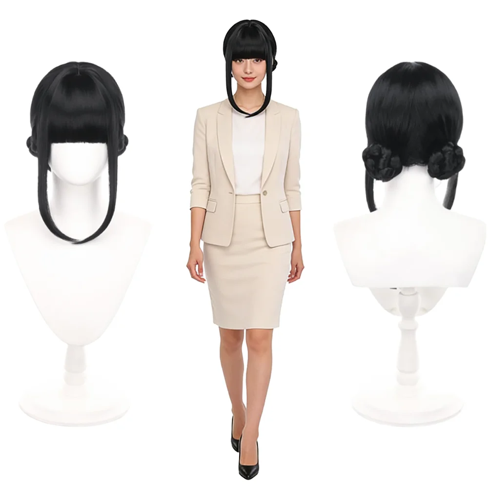 Zoey Cosplay Wig Black Dark Purple Double Bun With Bangs Synthetic Hair For Women Role Play Halloween Party Free Wig Cap