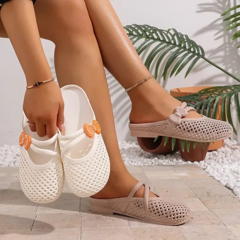 Zuecos de Jardín para Mujer, Transpirables, Huecos, Estilo Mule, Ligeros, Cómodos, para Uso Diario, Playa, Casa, Color Caqui y Blanco