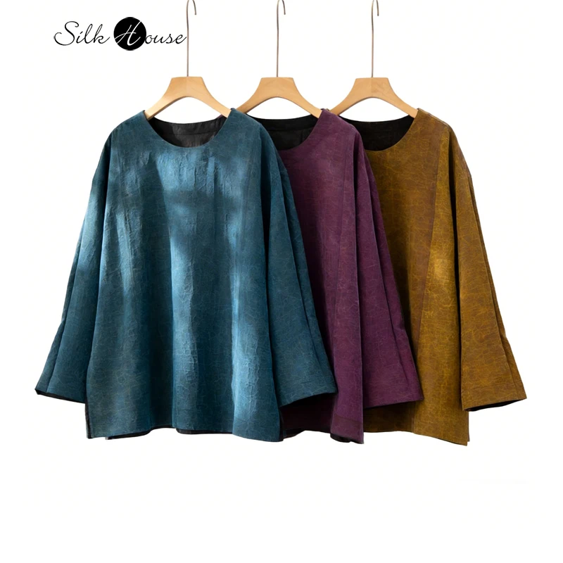 

Plus Size 2026 Women's Fashion Clothing Retro 100% Natural Mulberry Silk Gambiered Guangdong Gauze Turtle Pattern Simple T-shirt