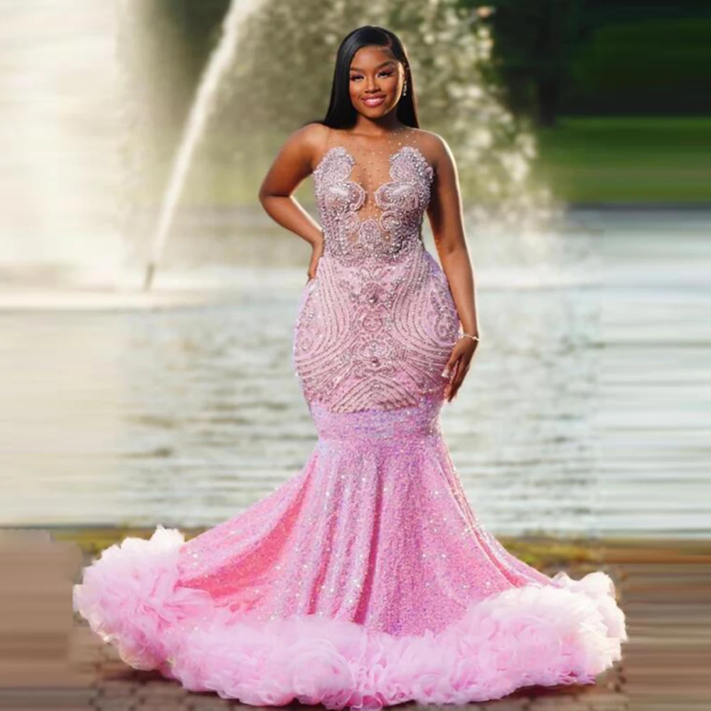 

Pink Sequined Mermaid Prom Dresses Sheer Neck Lace Appliques Beaded Evening Gowns Aso Ebi Ruffles Sweep Train Women Party Dress