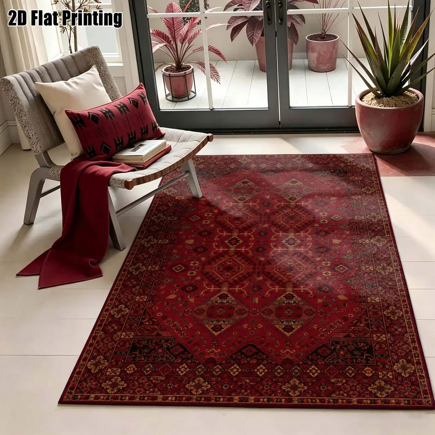 1Pc 2D Printed Retro Red-Brown Geometric Carpet: European/Bohemian Style, Home Decor, Multiple Sizes, Machine Washable, for Entrance, Dining Room, Foyer, Bedroom, Living Room