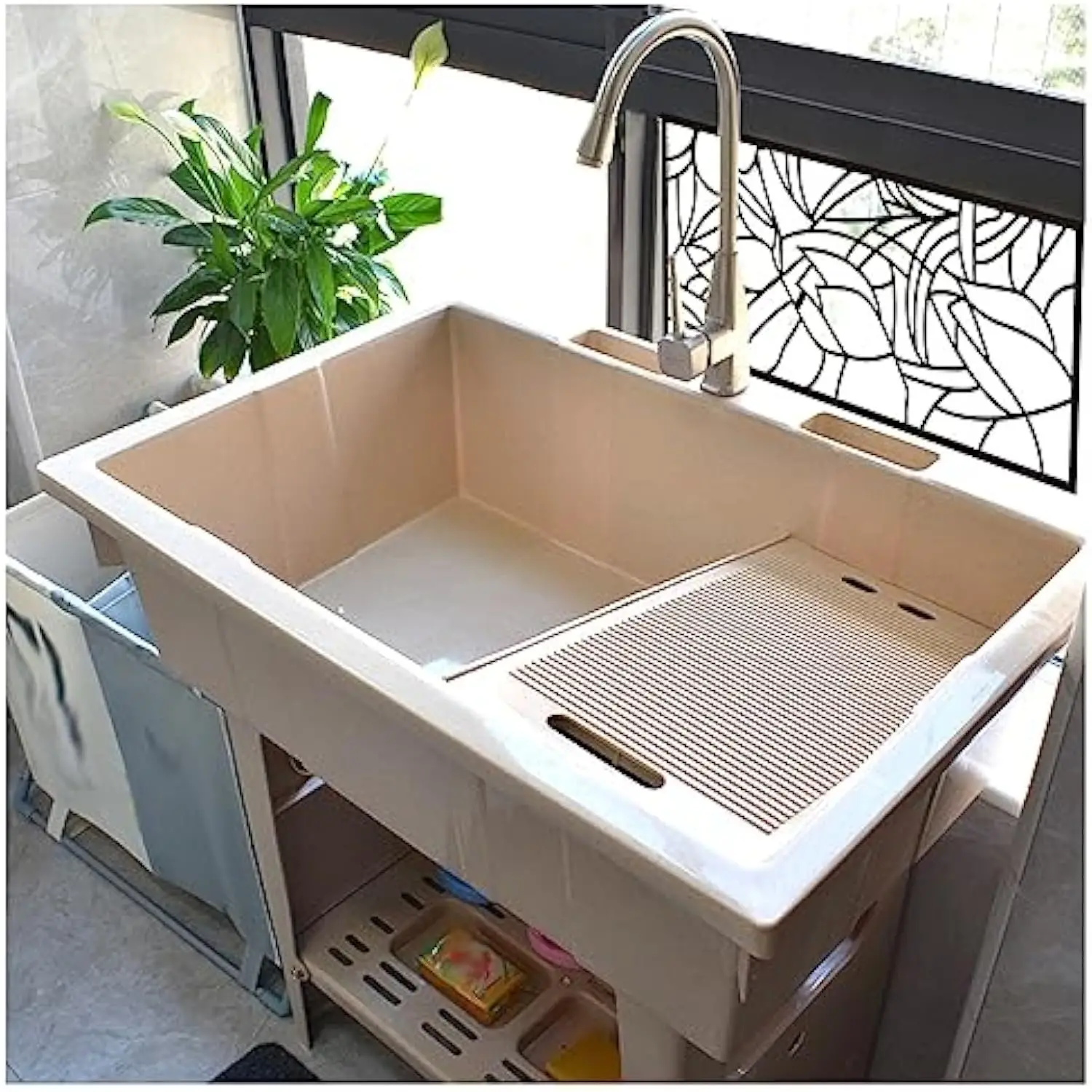 

Beige Freestanding Plastic Sink - Outdoor Hand Washing Station with Hot & Cold Faucet, for Garage, Basement, Garden